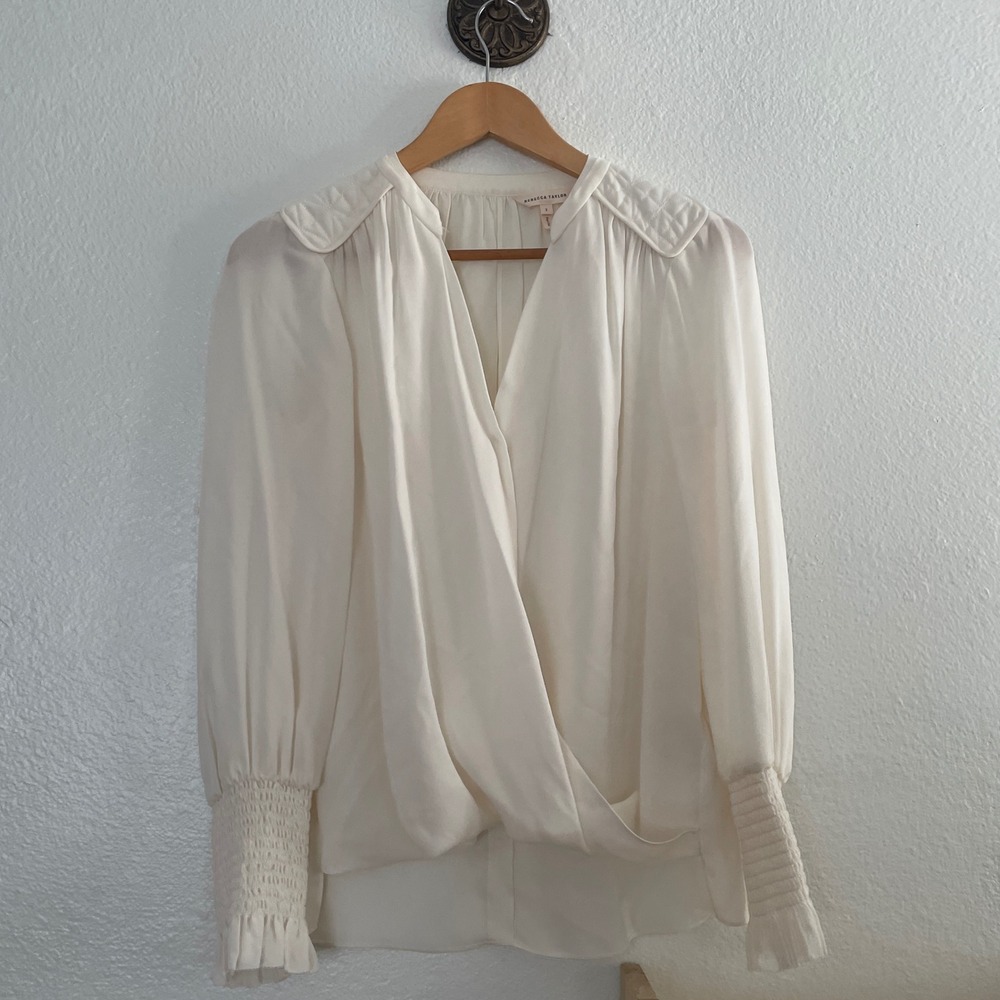 Rebecca Taylor Silk Wrap Blouse Off-White Quilted‎ Shoulder Smocked Cuff Size 2